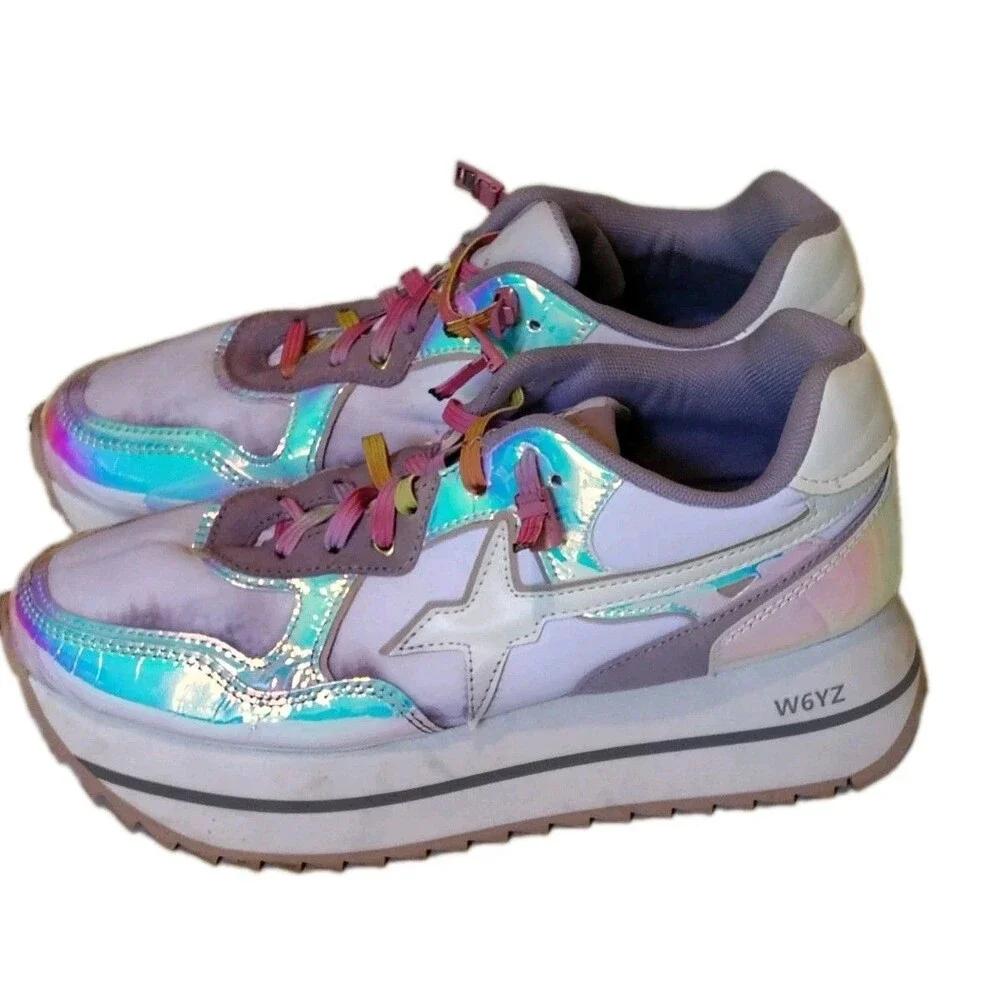 W6YZ Pink Iridescent Holographic Chunky Platform Sneakers Size US 8 / EU 39